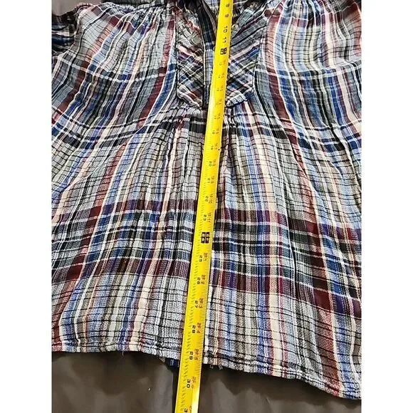 Free People Blue Pink Plaid Patchwork‎ Hooded Popover Blouse Top Size XS - Picture 10 of 10
